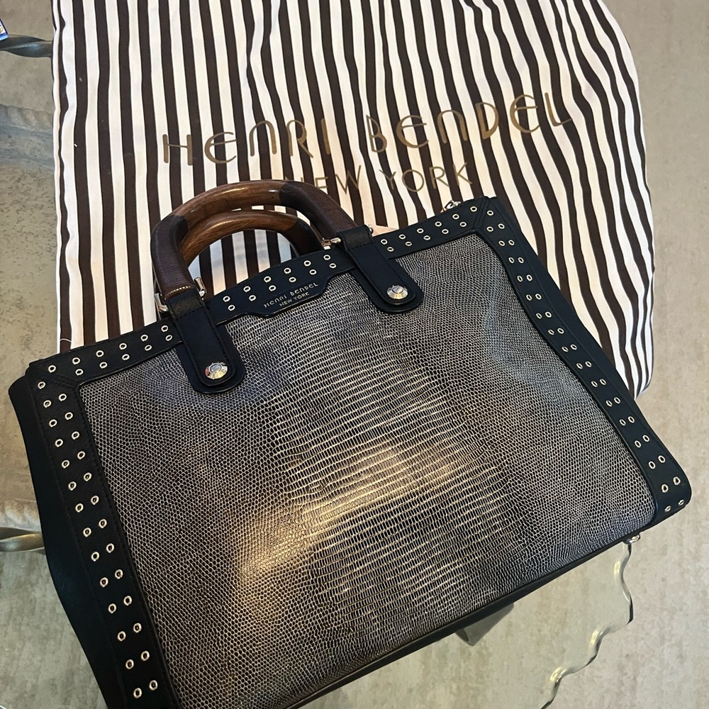 Henri Bendel Black with Lizard Textured Silver Panel Tote
